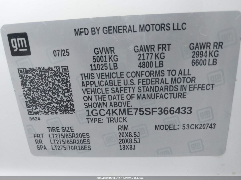 2025 Chevrolet Silverado 2500Hd 4Wd Standard Bed Custom VIN: 1GC4KME75SF366433 Lot: 43691583