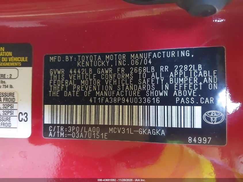 2004 Toyota Camry Solara Sle VIN: 4T1FA38P94U033616 Lot: 43691592