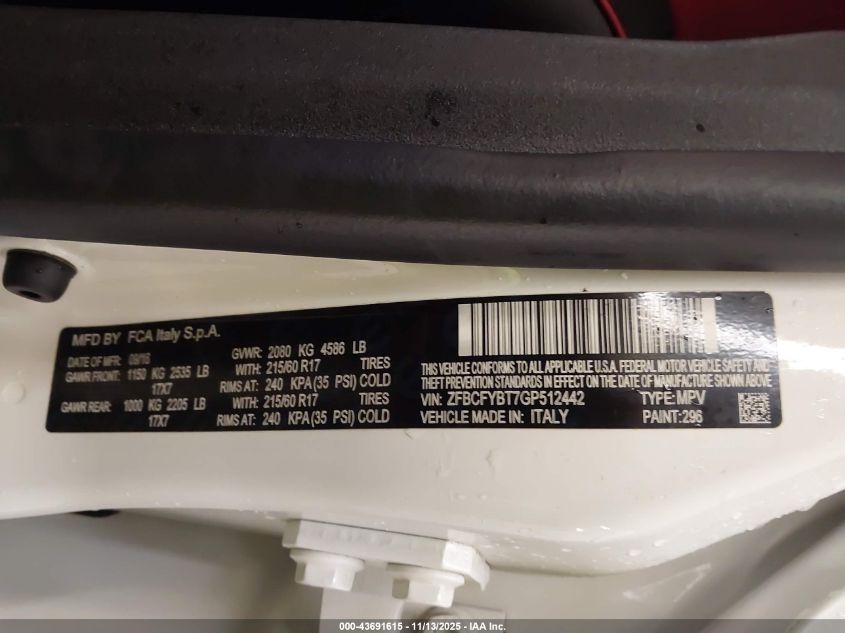 2016 Fiat 500X Easy VIN: ZFBCFYBT7GP512442 Lot: 43691615