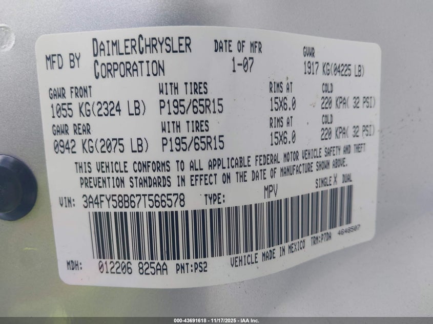 2007 Chrysler Pt Cruiser Touring VIN: 3A4FY58B67T566578 Lot: 43691618