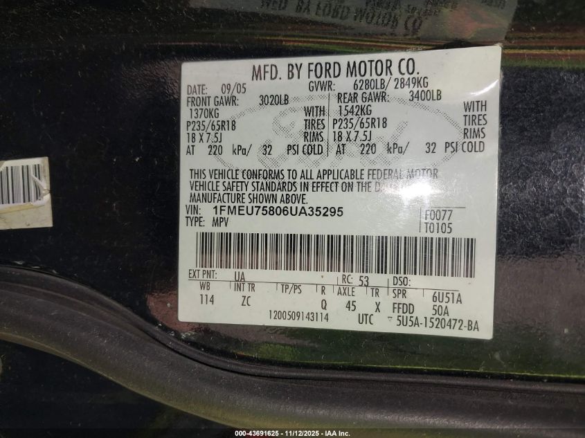 2006 Ford Explorer Limited VIN: 1FMEU75806UA35295 Lot: 43691625