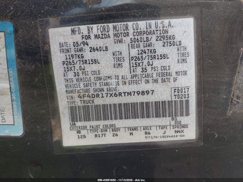 1994 Mazda B4000 Cab Plus VIN: 4F4DR17X6RTM79897 Lot: 43691650