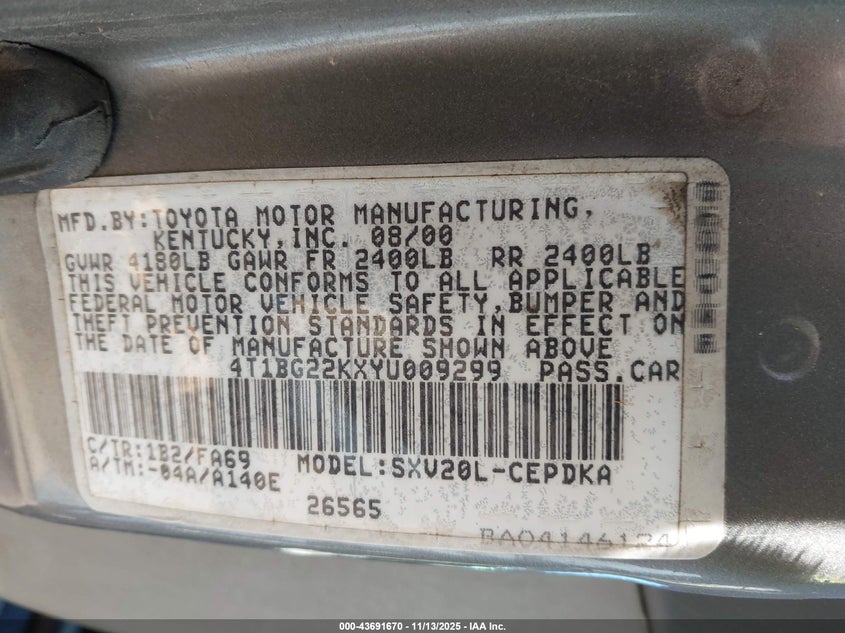 2000 Toyota Camry Ce VIN: 4T1BG22KXYU009299 Lot: 43691670