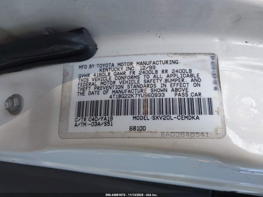 2000 Toyota Camry Ce VIN: 4T1BG22K7YU960933 Lot: 43691678