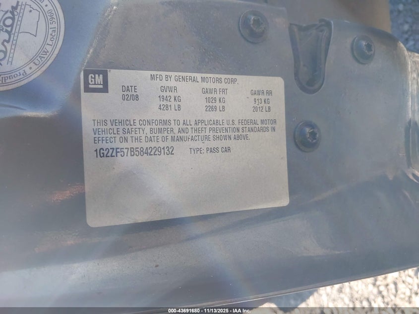 2008 Pontiac G6 Value Leader VIN: 1G2ZF57B584229132 Lot: 43691680