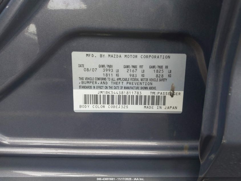 2008 Mazda Mazda3 S Touring VIN: JM1BK344381811783 Lot: 43691681