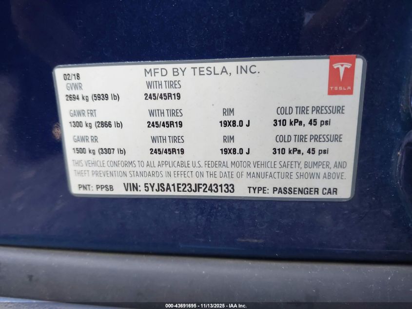 2018 Tesla Model S 100D/75D/P100D VIN: 5YJSA1E23JF243133 Lot: 43691695