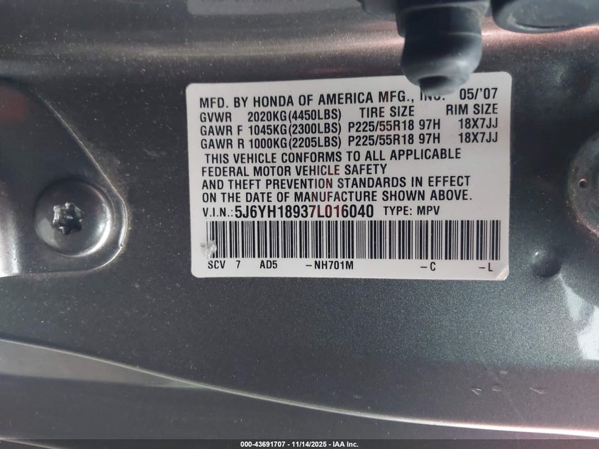 2007 Honda Element Sc VIN: 5J6YH18937L016040 Lot: 43691707