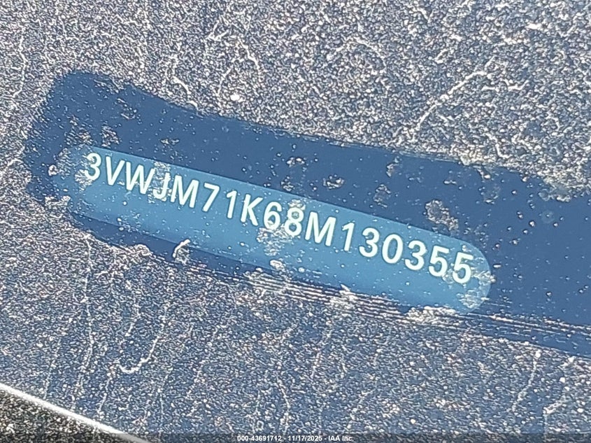 2008 Volkswagen Jetta S VIN: 3VWJM71K68M130355 Lot: 43691712