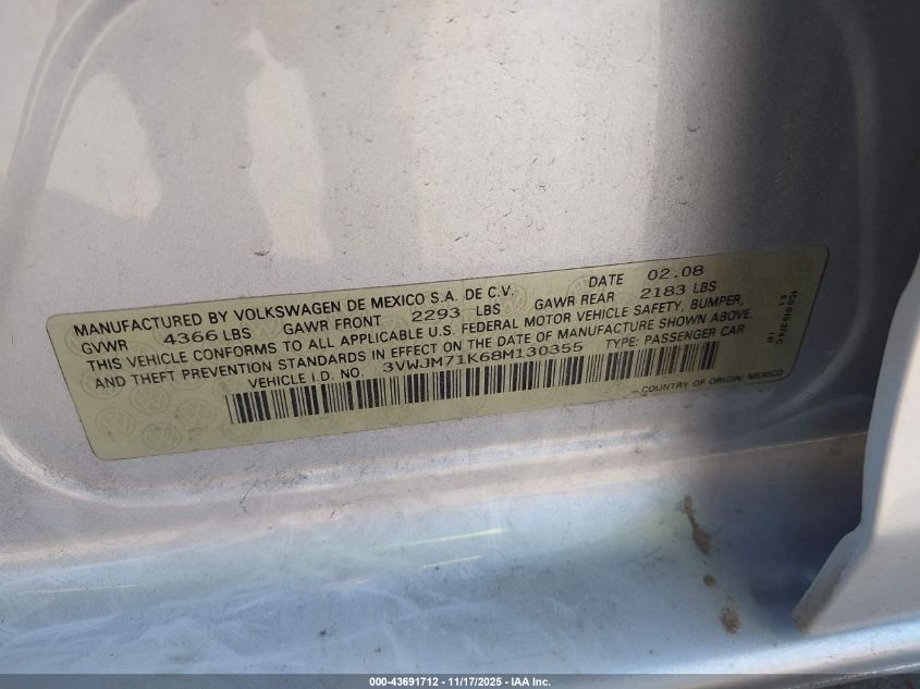 2008 Volkswagen Jetta S VIN: 3VWJM71K68M130355 Lot: 43691712