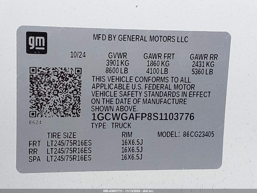 2025 Chevrolet Express Cargo Rwd 2500 Regular Wheelbase Wt VIN: 1GCWGAFP8S1103776 Lot: 43691711