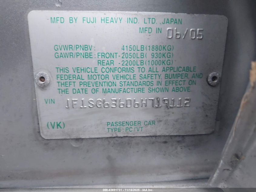 2006 Subaru Forester 2.5X VIN: JF1SG63606H719112 Lot: 43691731