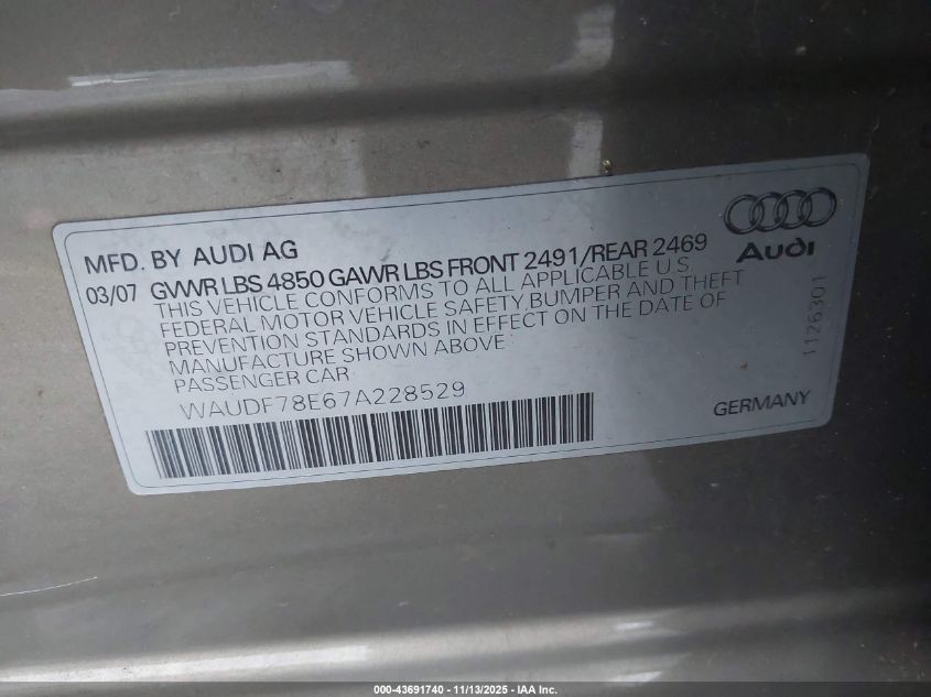 2007 Audi A4 2.0T VIN: WAUDF78E67A228529 Lot: 43691740