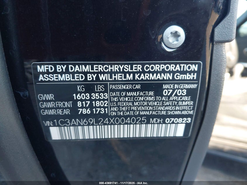 2004 Chrysler Crossfire VIN: 1C3AN69L24X004025 Lot: 43691741