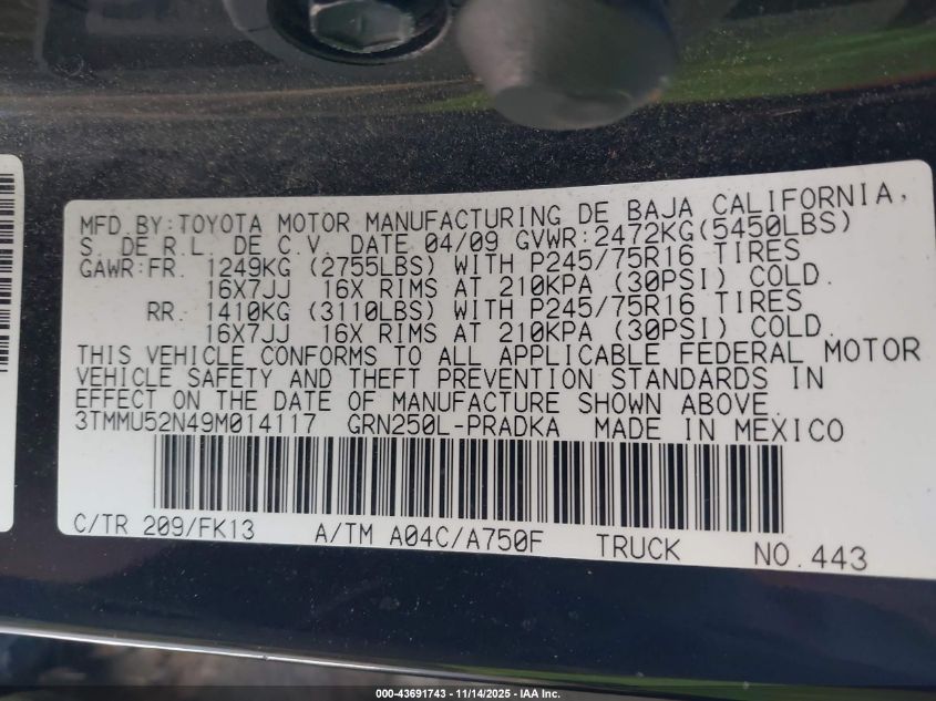 2009 Toyota Tacoma Base V6 VIN: 3TMMU52N49M014117 Lot: 43691743
