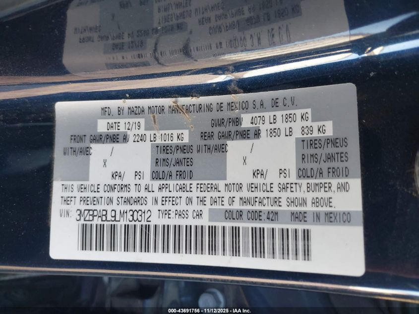 2020 Mazda Mazda3 VIN: 3MZBPABL9LM130312 Lot: 43691756