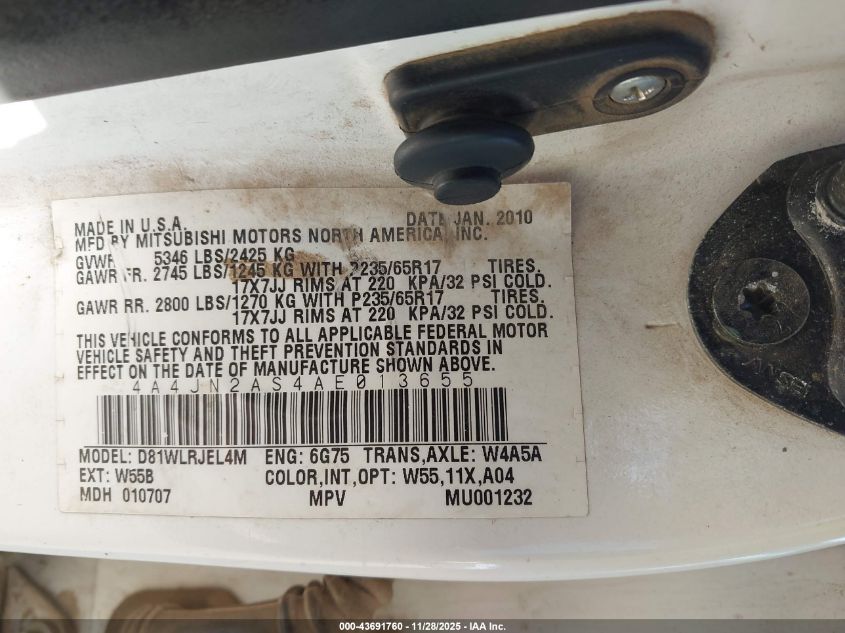 2010 Mitsubishi Endeavor VIN: 4A4JN2AS4AE013655 Lot: 43691760