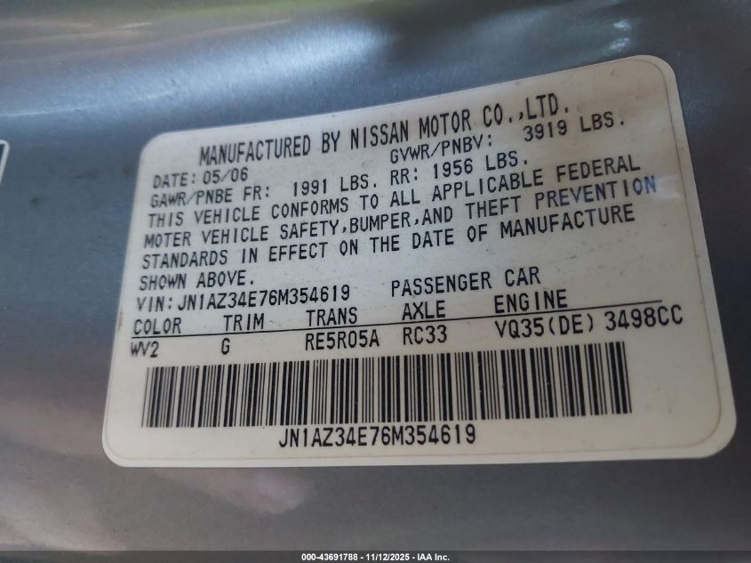 2006 Nissan 350Z Touring VIN: JN1AZ34E76M354619 Lot: 43691788