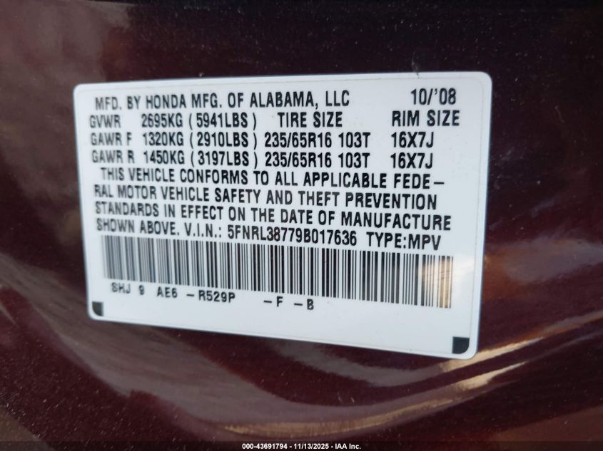 2009 Honda Odyssey Ex-L VIN: 5FNRL38779B017636 Lot: 43691794