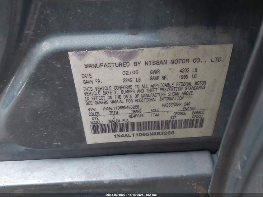 2005 Nissan Altima 2.5 S VIN: 1N4AL11D65N483268 Lot: 43691802