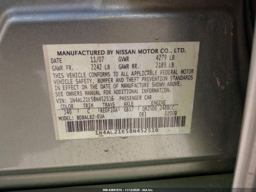 2008 Nissan Altima 2.5 S VIN: 1N4AL21E58N452516 Lot: 43691810