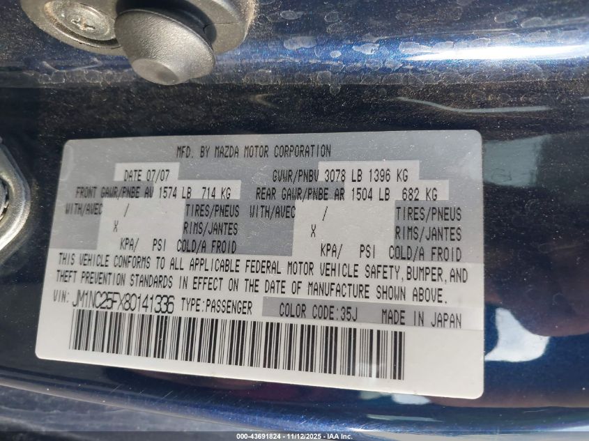 2008 Mazda Mx-5 Grand Touring VIN: JM1NC25FX80141336 Lot: 43691824