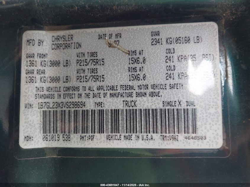 1997 Dodge Dakota Slt/Sport VIN: 1B7GL23X3VS298694 Lot: 43691847