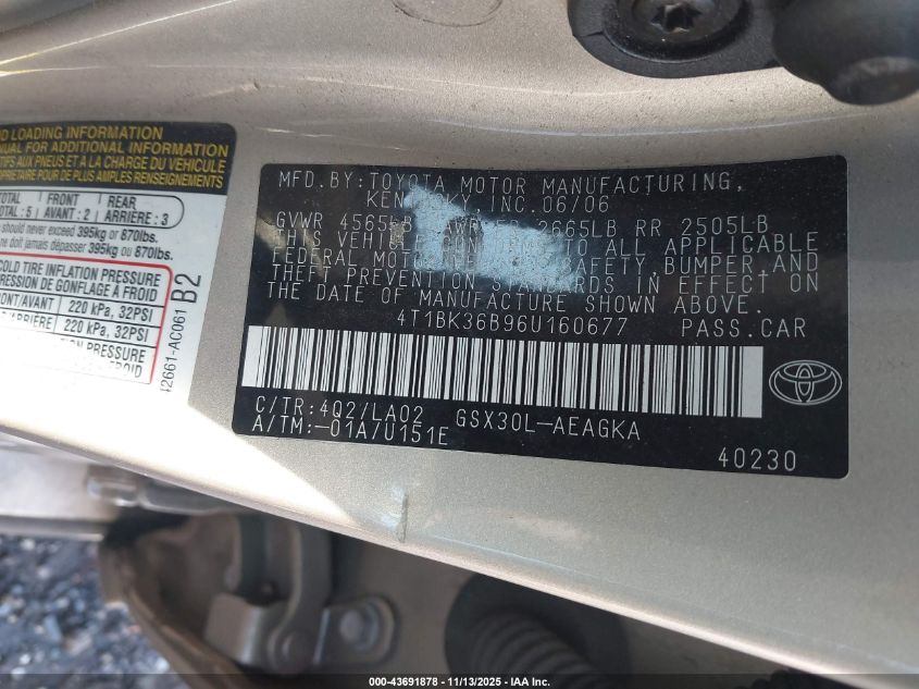 2006 Toyota Avalon Xls VIN: 4T1BK36B96U160677 Lot: 43691878