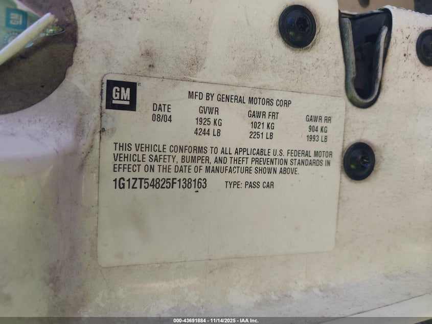 2005 Chevrolet Malibu Ls VIN: 1G1ZT54825F138163 Lot: 43691884