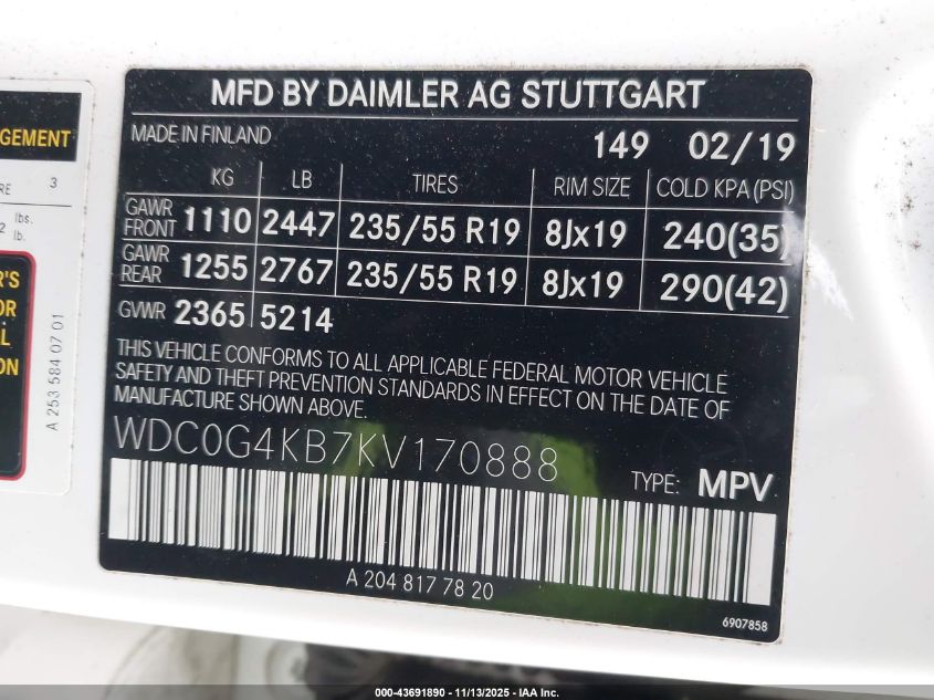 2019 Mercedes-Benz Glc 300 4Matic VIN: WDC0G4KB7KV170888 Lot: 43691890