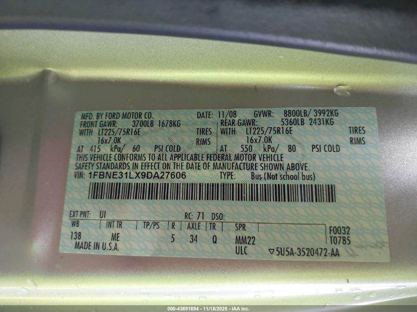 2009 Ford E-350 Super Duty Xl/Xlt VIN: 1FBNE31LX9DA27606 Lot: 43691894