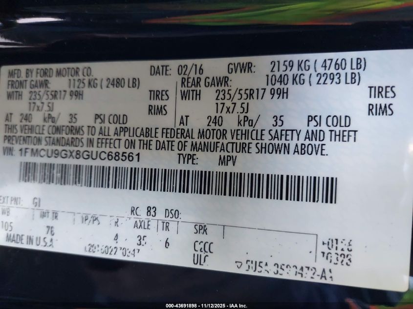 2016 Ford Escape Se VIN: 1FMCU9GX8GUC68561 Lot: 43691898