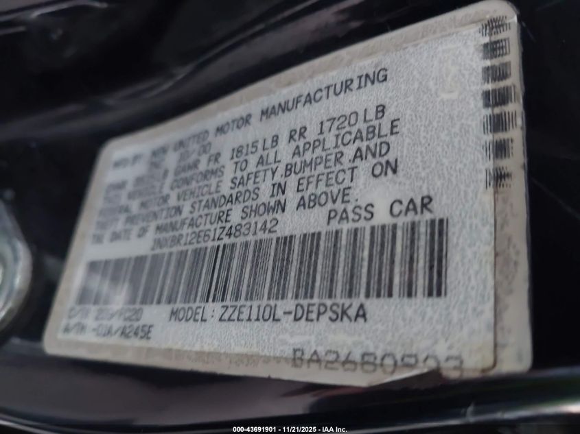 2001 Toyota Corolla S VIN: 1NXBR12E61Z483142 Lot: 43691901