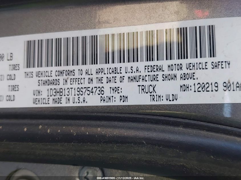 2009 Dodge Ram 1500 Laramie VIN: 1D3HB13T19S754736 Lot: 43691905