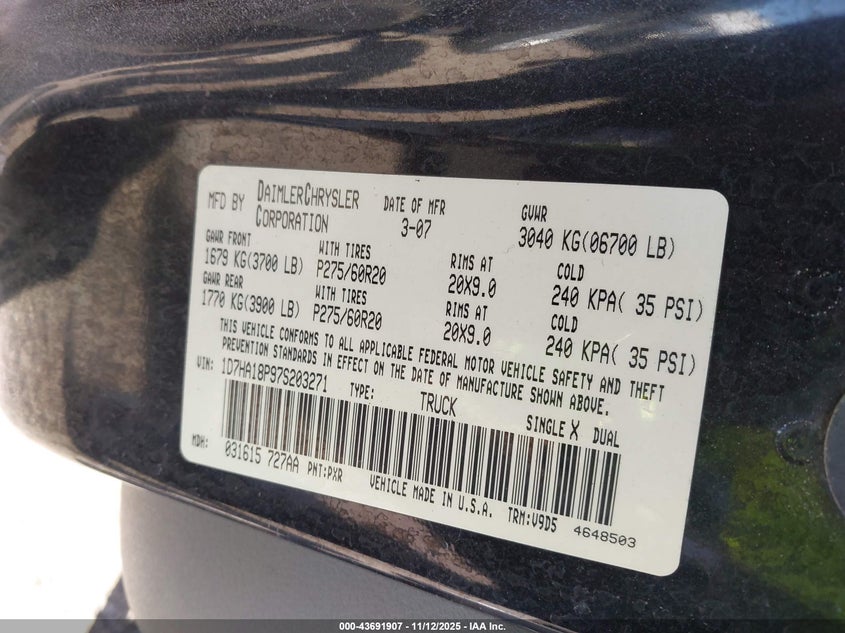 2007 Dodge Ram 1500 Slt VIN: 1D7HA18P97S203271 Lot: 43691907