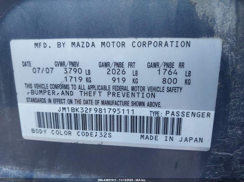 2008 Mazda Mazda3 I VIN: JM1BK32F981795111 Lot: 43691911