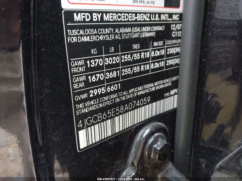 2008 Mercedes-Benz R 350 4Matic VIN: 4JGCB65E58A074059 Lot: 43691927