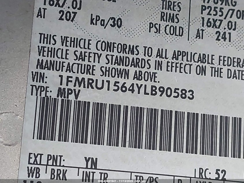 2000 Ford Expedition Xlt VIN: 1FMRU1564YLB90583 Lot: 43691941