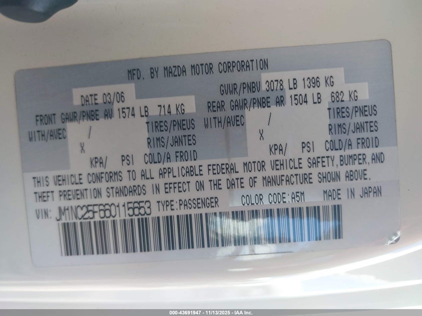 2006 Mazda Mx-5 Sport VIN: JM1NC25F660115653 Lot: 43691947