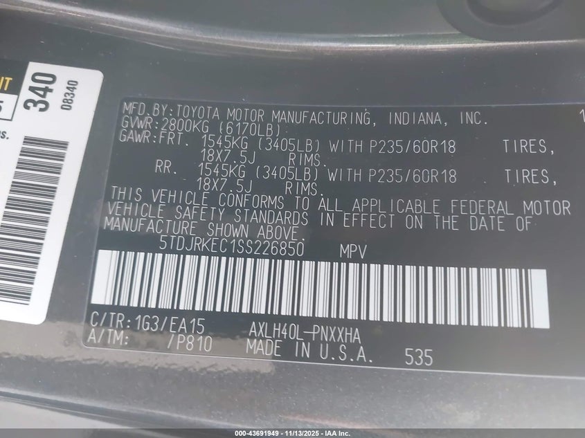 5TDJRKEC1SS226850 2025 TOYOTA SIENNA photo no. 9