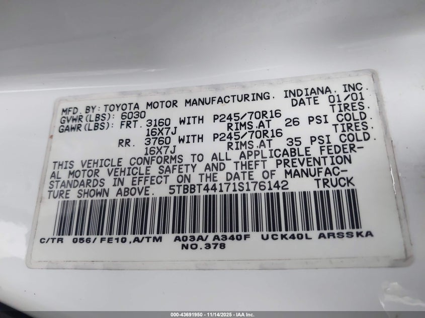 2001 Toyota Tundra Access Cab/Access Cab Sr5 VIN: 5TBBT44171S176142 Lot: 43691950