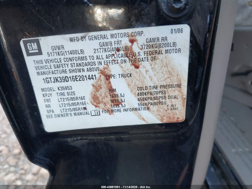 2006 GMC Sierra 3500 Sle2 VIN: 1GTJK39D16E201441 Lot: 43691951
