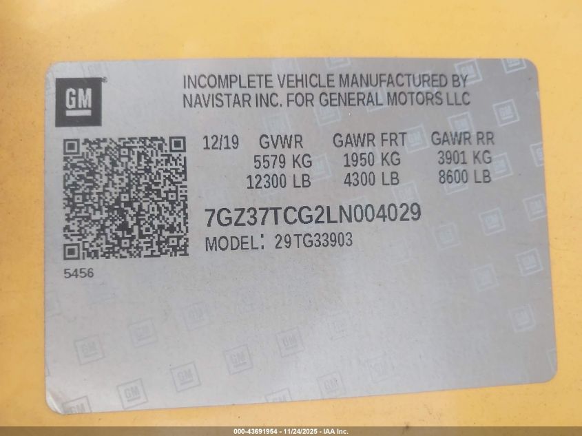 2020 GMC Savana Cutaway Work Van VIN: 7GZ37TCG2LN004029 Lot: 43691954