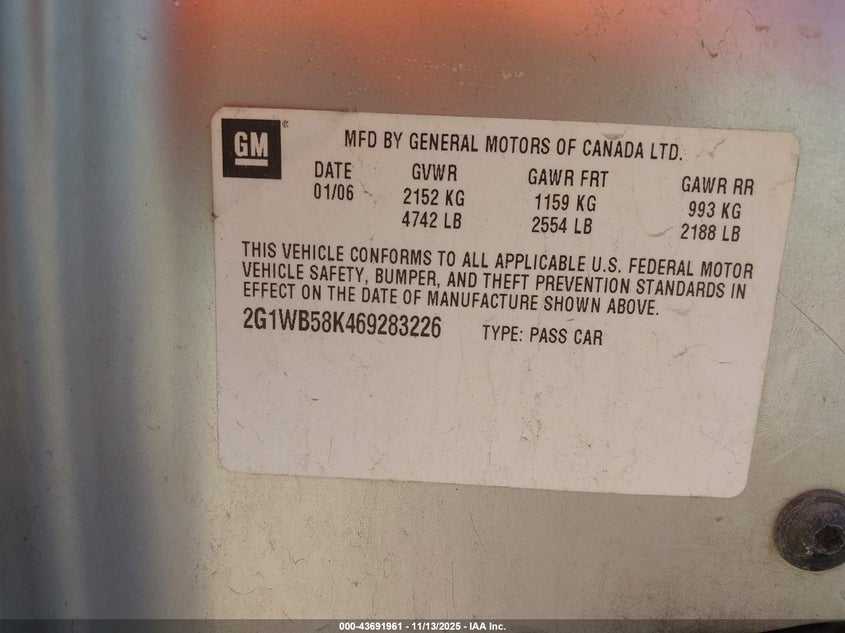 2G1WB58K469283226 2006 CHEVROLET IMPALA photo no. 9