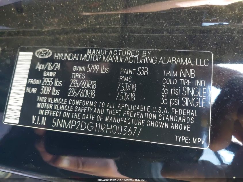 2024 Hyundai Santa Fe Hybrid Sel VIN: 5NMP2DG11RH003677 Lot: 43691972