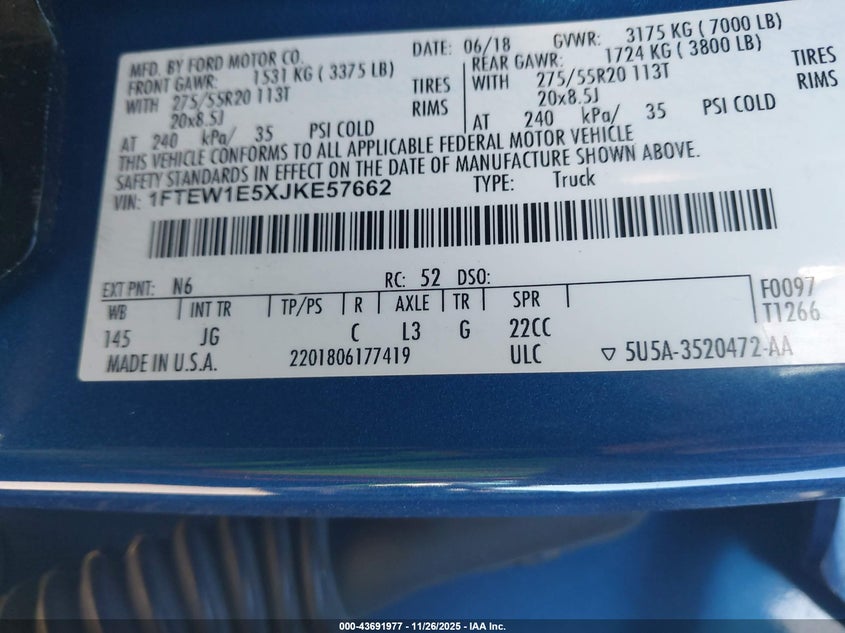 2018 Ford F-150 Xl VIN: 1FTEW1E5XJKE57662 Lot: 43691977