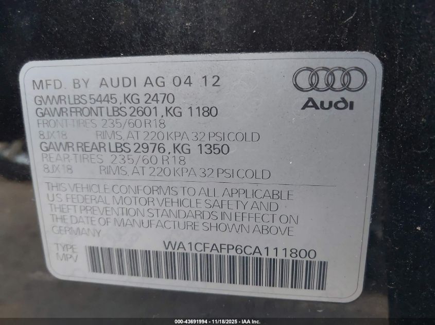 2012 Audi Q5 2.0T Premium VIN: WA1CFAFP6CA111800 Lot: 43691994