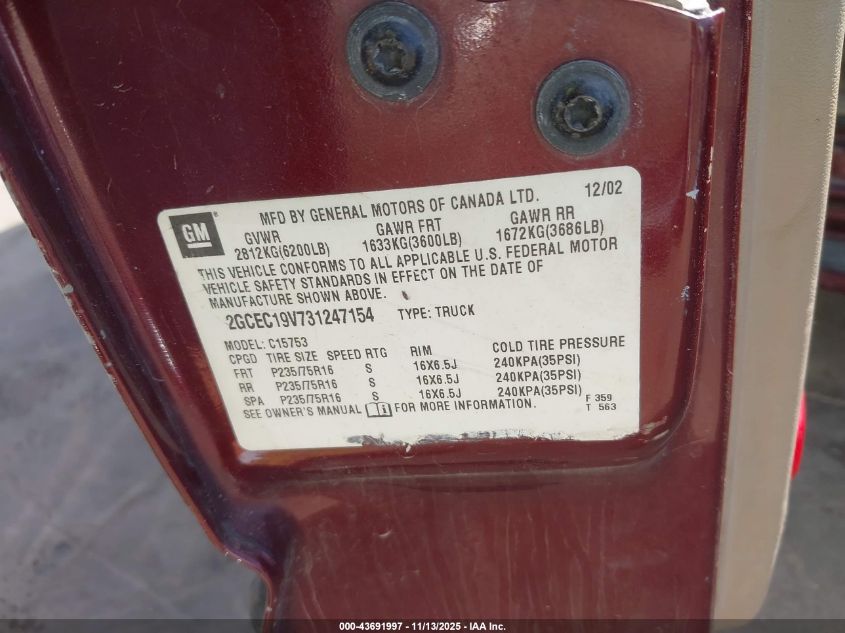 2003 Chevrolet Silverado 1500 Ls VIN: 2GCEC19V731247154 Lot: 43691997