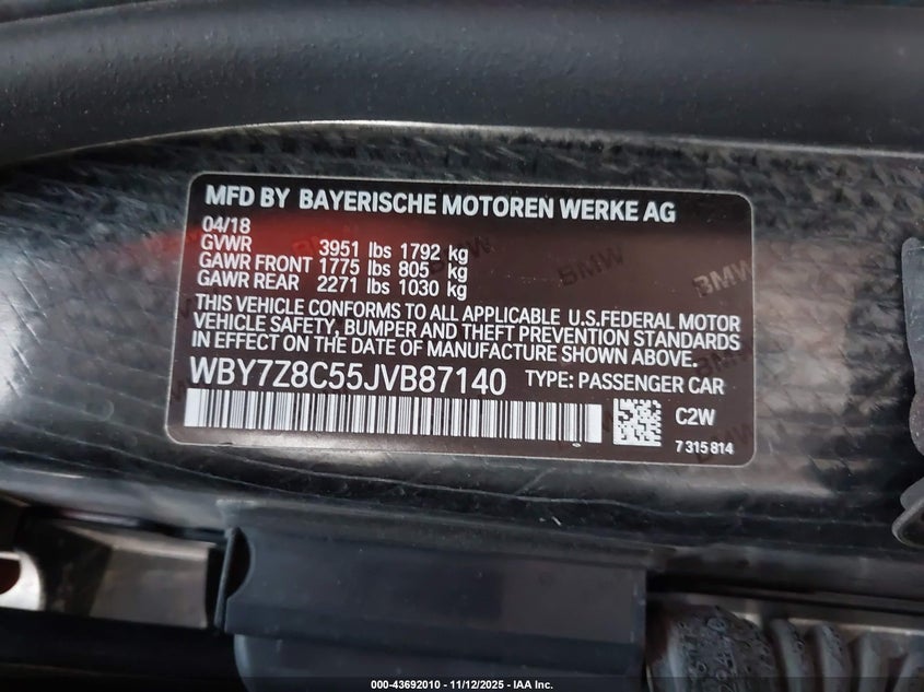 2018 BMW I3S 94Ah W/Range Extender VIN: WBY7Z8C55JVB87140 Lot: 43692010