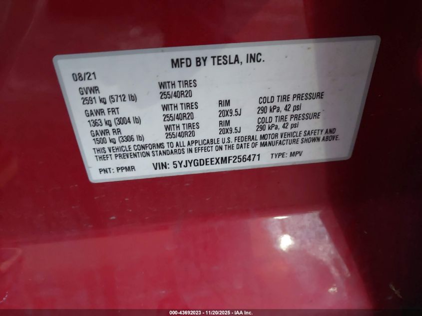 2021 Tesla Model Y Long Range Dual Motor All-Wheel Drive VIN: 5YJYGDEEXMF256471 Lot: 43692023